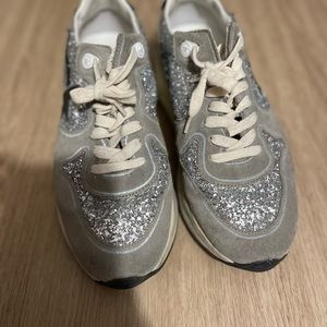 Authentic Golden Goose Women's Running Sole silver glitter and dove gray suede